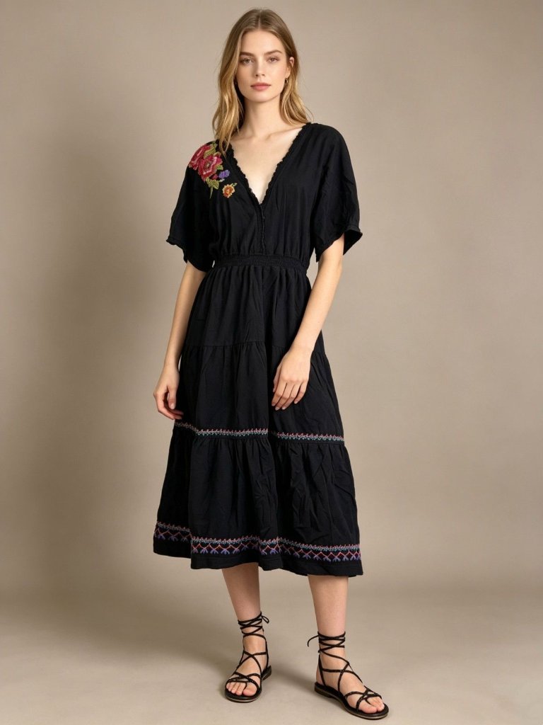 Nwot Johnny Was Floral Embroidered Midi Dress Black Elastic Waistband Size 1x